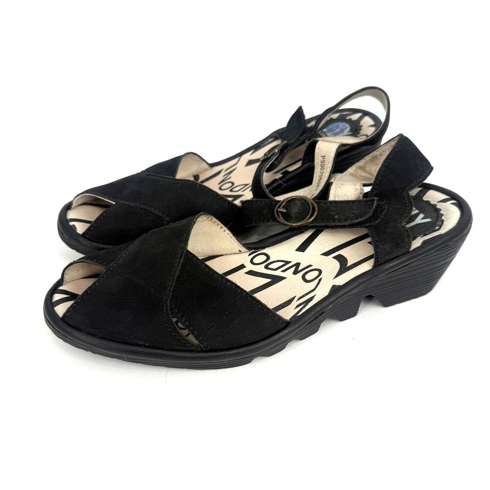 Fly London Wedge Sandals Heels Pero Black Size 38/7.5-8 Peep Toe Strappy Leather